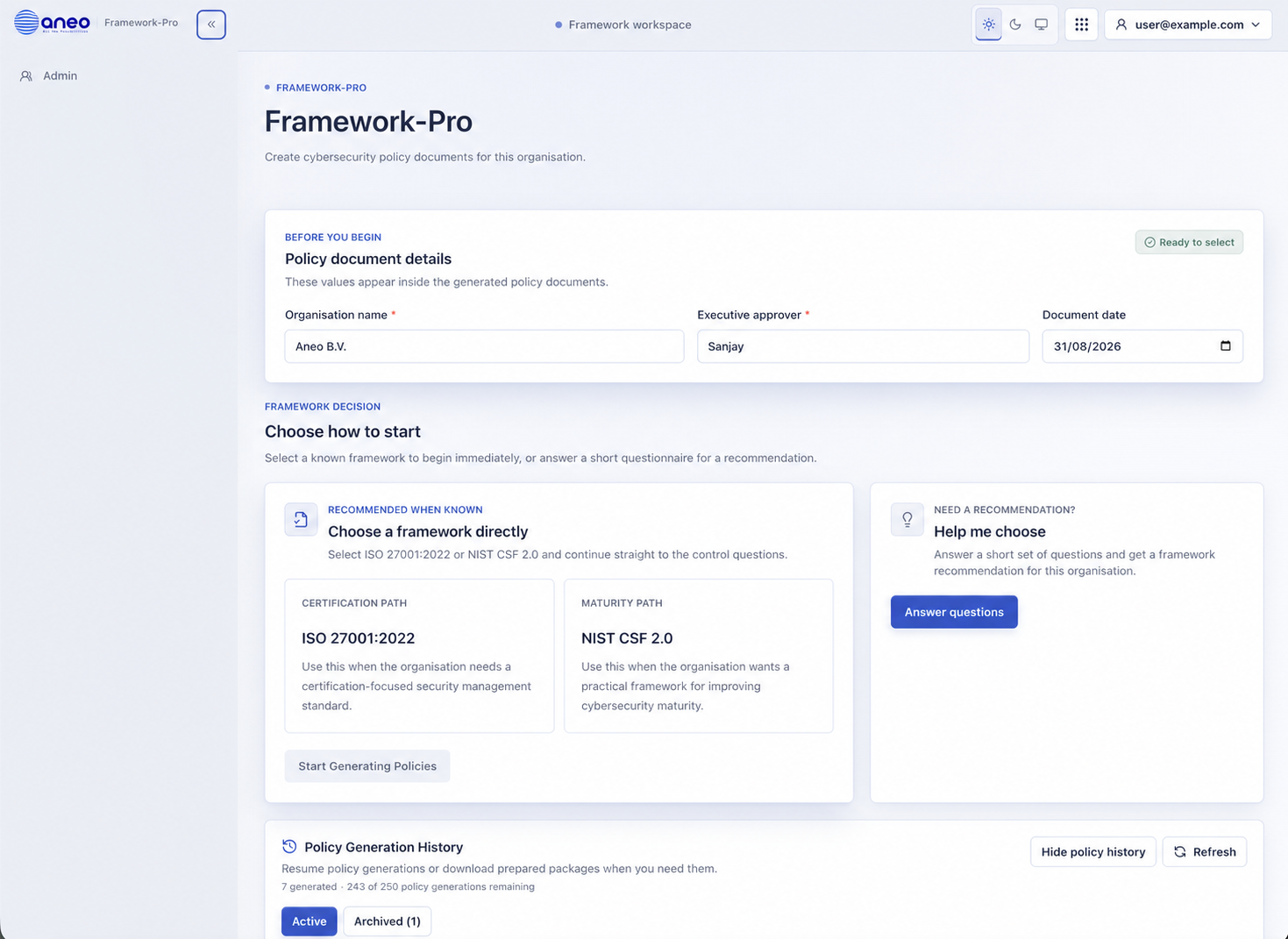 Framework-Pro landing page showing policy document details and direct or recommended framework selection
